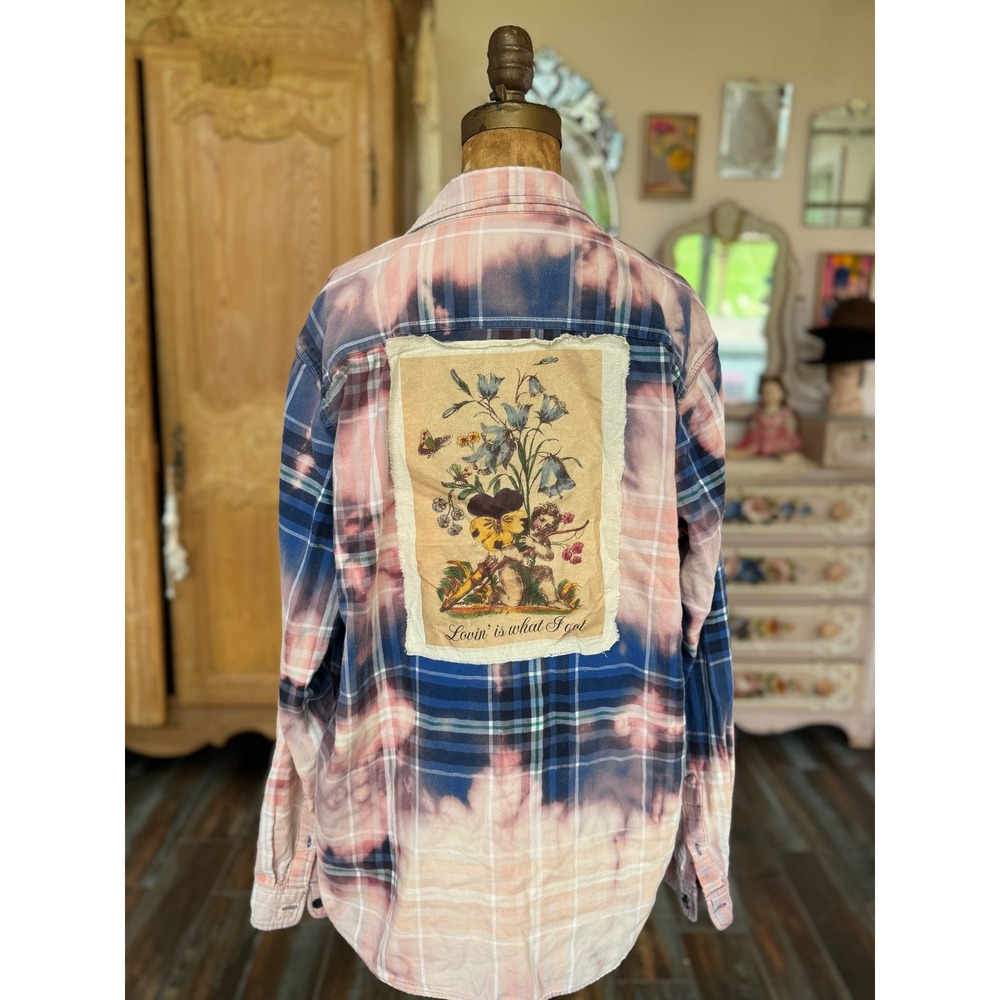 Lovin' Is What I Got" Bleached Cotton Flannel Shirt Large Folk Art - Picture 9 of 9